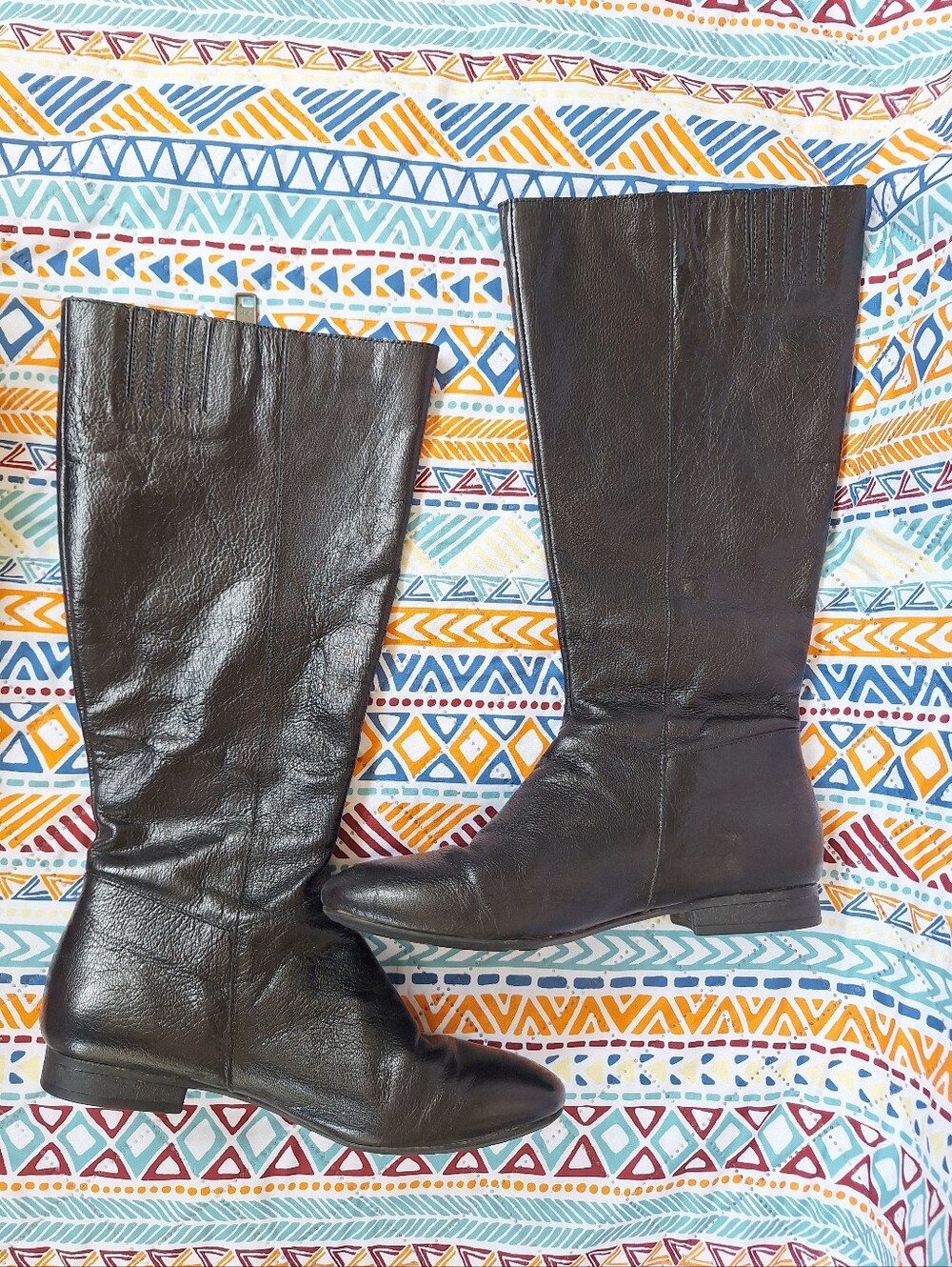 Born Crown Black Leather Tall Riding Boots Back Zipper Leopard Size 8 EU 39 EUC